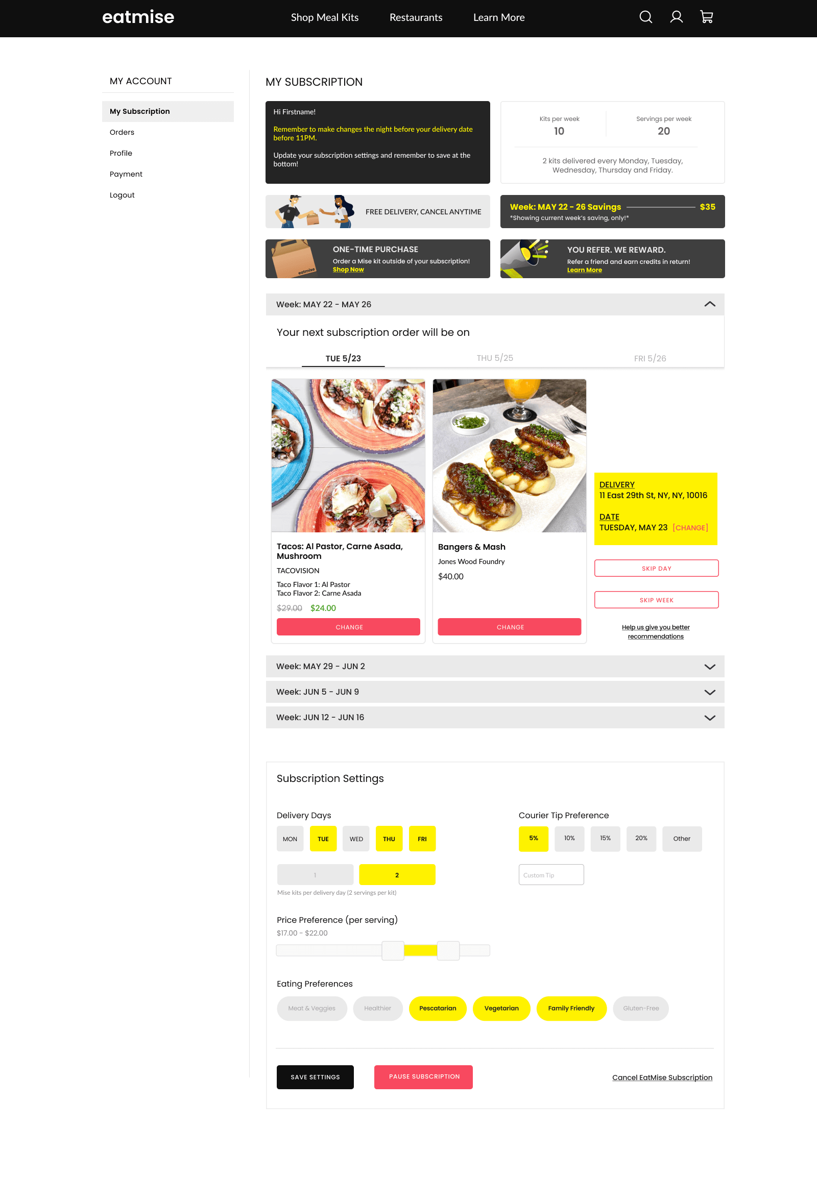 EatMise web app — subscription with promo