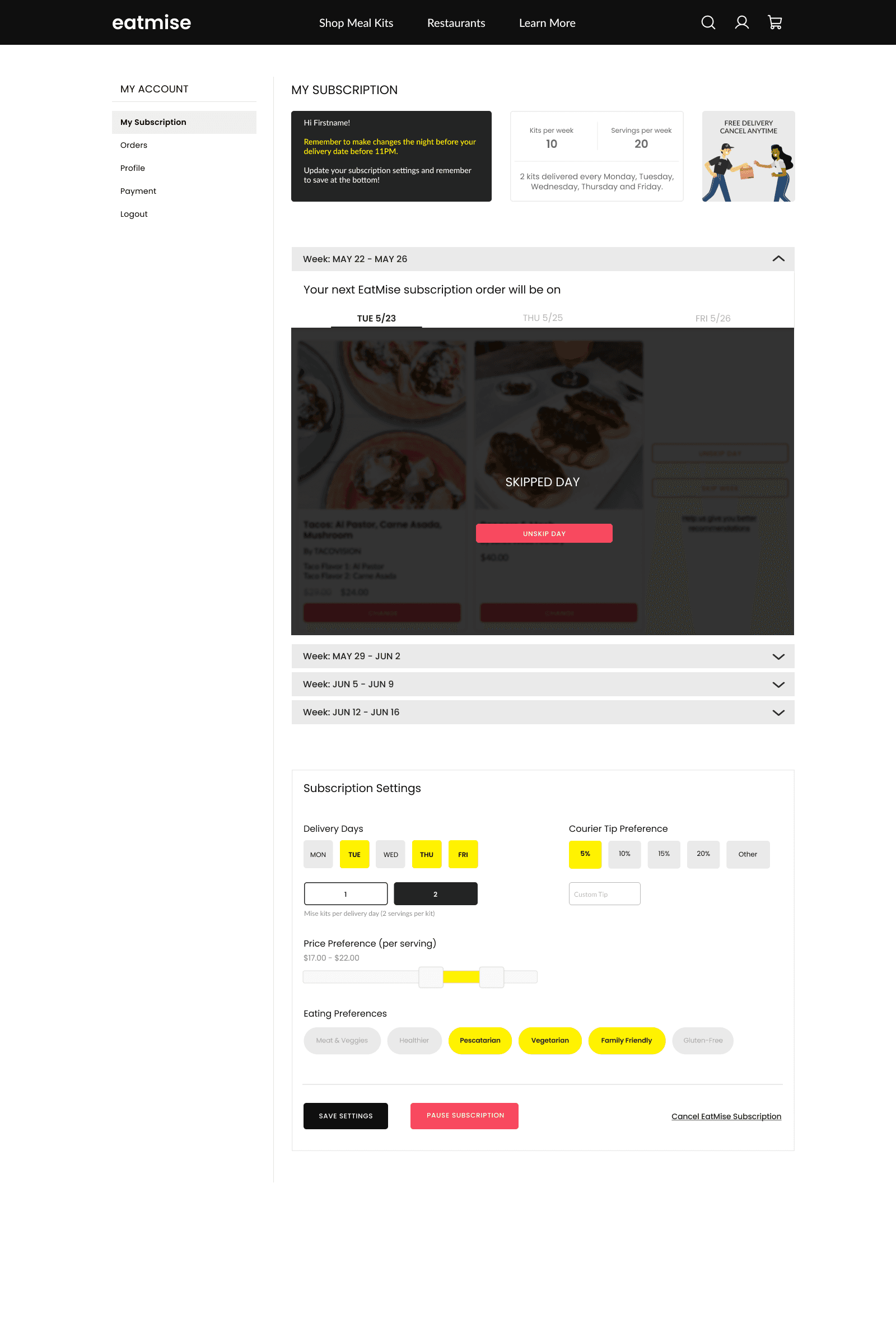 EatMise web app — skipped delivery day