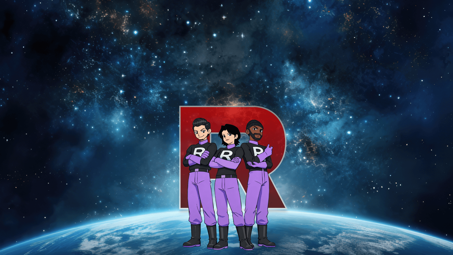 Team Rocket trio in uniform before a large red R logo in space