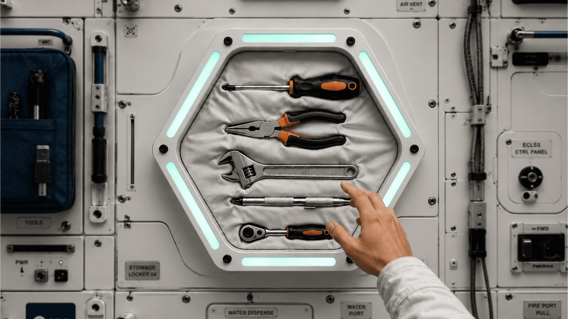 Hand reaching toward a glowing hexagonal N.E.T. stowage module