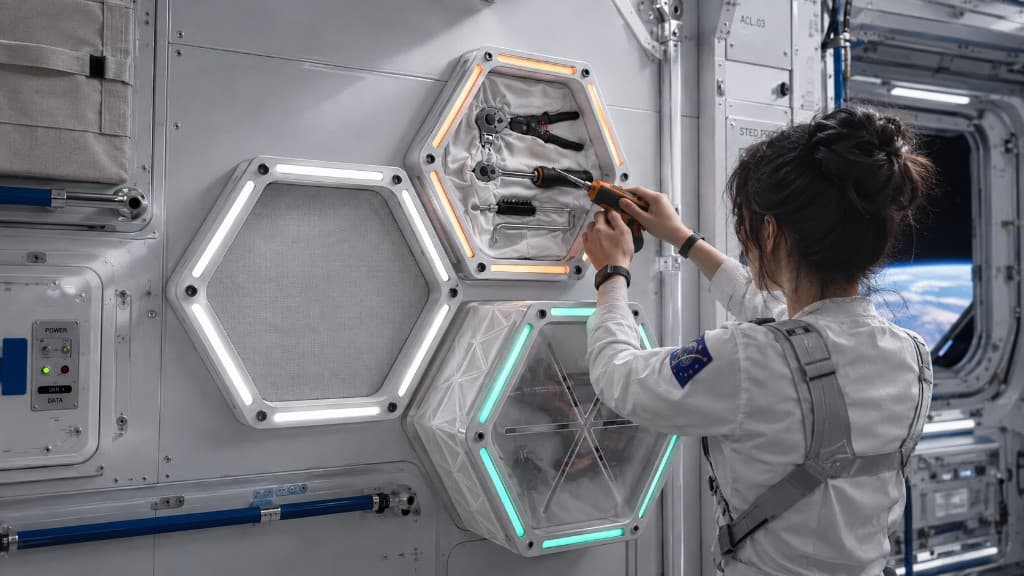 Astronaut using a power tool on illuminated hexagonal N.E.T. stowage modules with Earth visible through a porthole